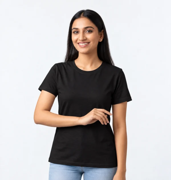 Woman wearing a custom lady fit T-shirt in Black