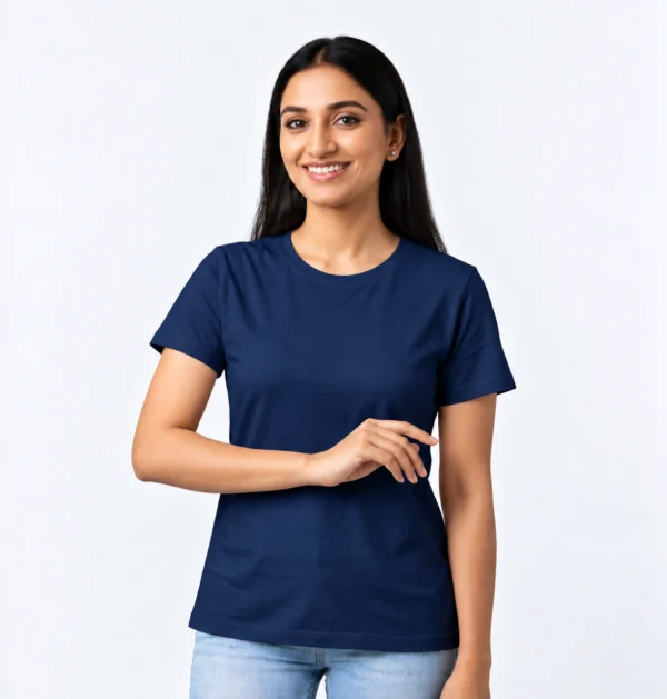 Woman wearing a custom lady fit T-shirt in Navy Blue