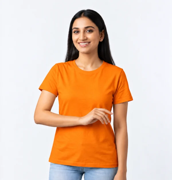 Woman wearing a custom lady fit T-shirt in Orange