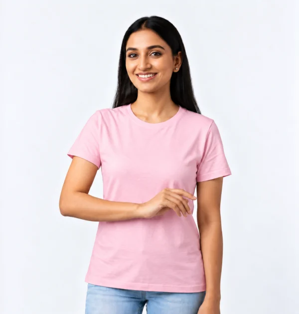 Woman wearing a custom lady fit T-shirt in Pink