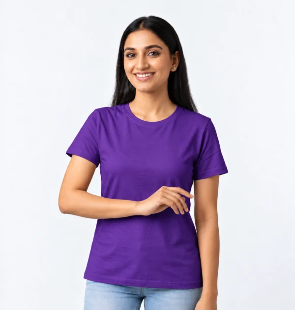 Woman wearing a custom lady fit T-shirt in Purple