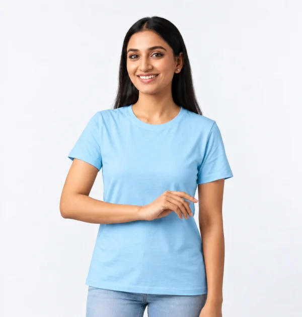 Woman wearing a custom lady fit T-shirt in Light Blue